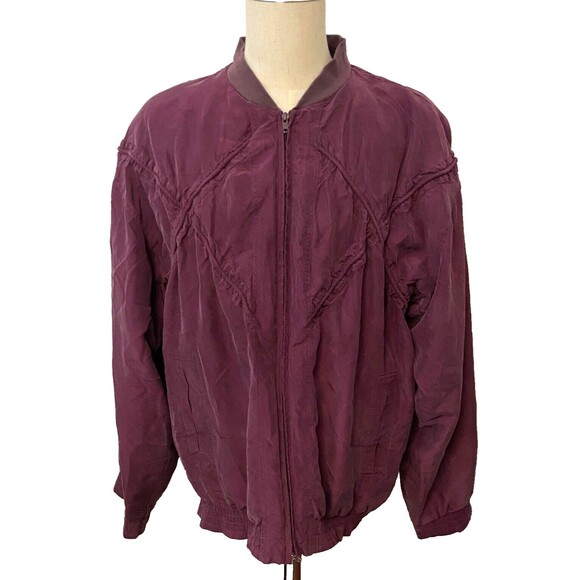 Vintage TULLIANO 100% Silk Track Bomber Jacket Men's XXL Burgundy Zip Lined - Picture 1 of 11